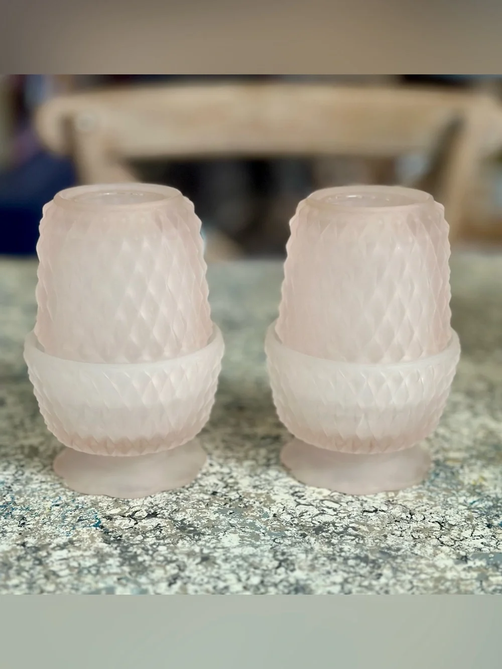 Vintage Blush Pink (frosted) Diamond Point pattern Glass Fairy Lamps - Set of 2